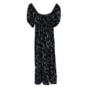 Cottagecore Milkmaid Resort Dress by Final Touch Dark Navy Light Blue Floral L